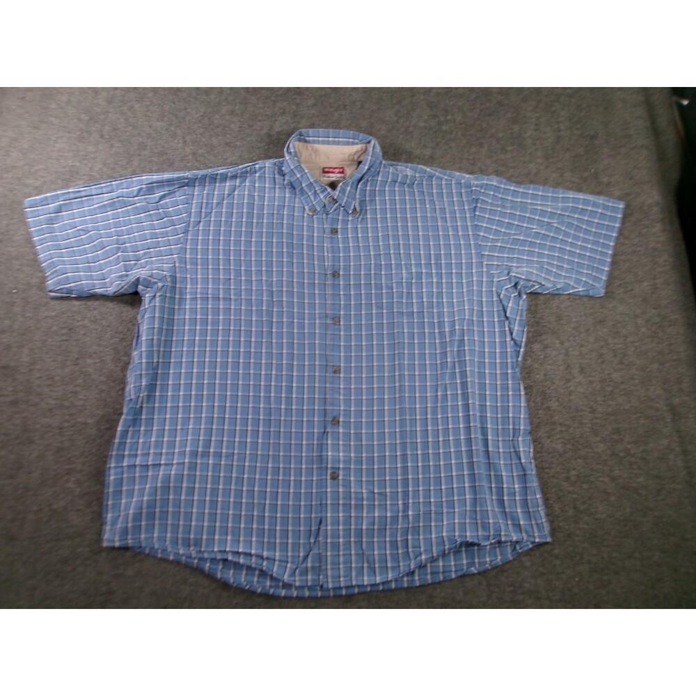 Wrangler Shirt Men 2XL Blue Plaid Work Short Sleeve Outdoor Causal Button